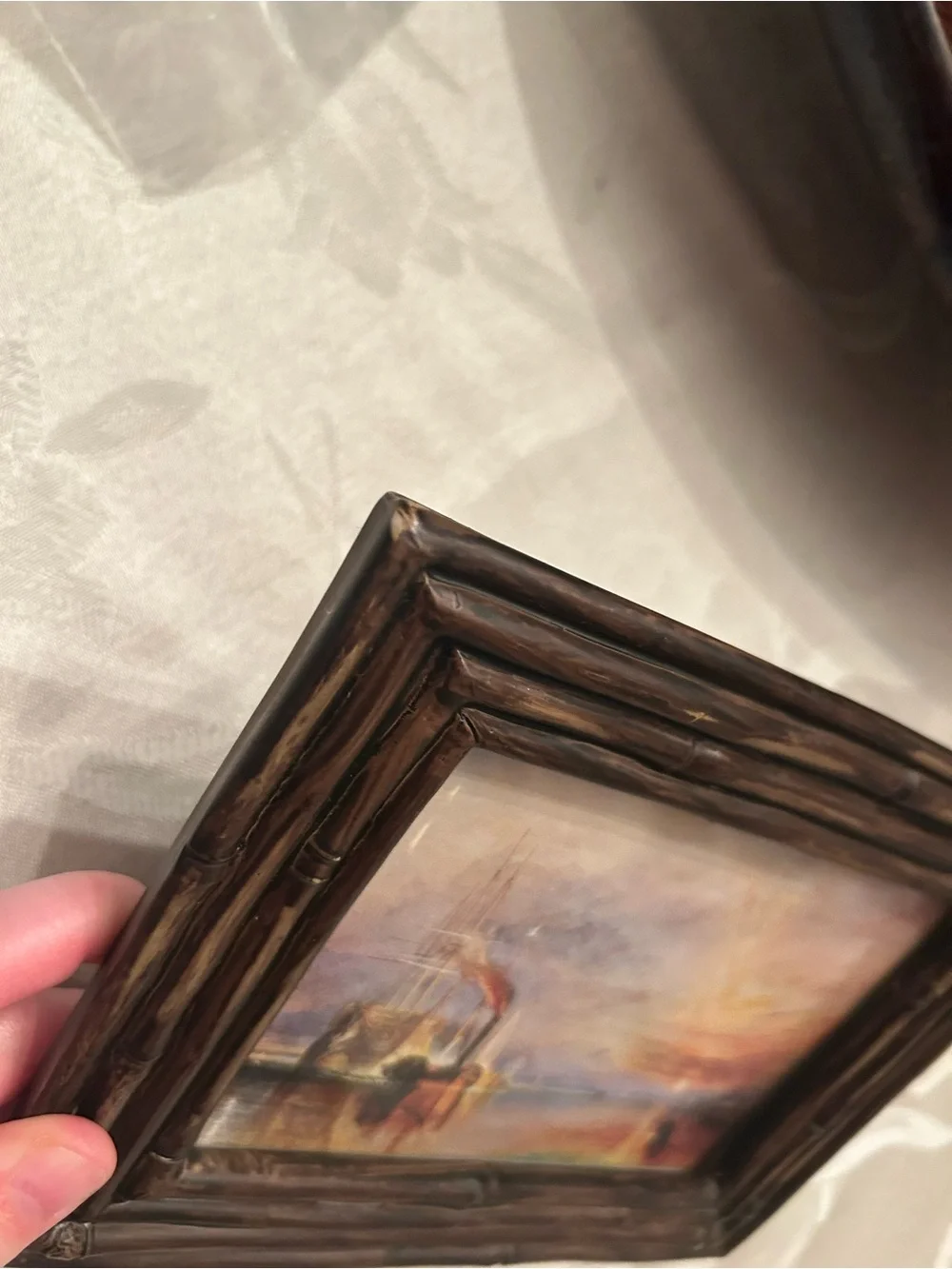 Vintage brown hallmark frame with vintage postcard copy of sailboat oil painting